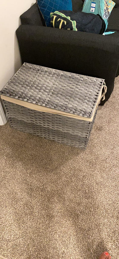 Storage Basket with Lid, Rattan-Style Storage Trunk with Cotton Liner and Handles, for Bedroom Closet Laundry Room, 21.9 x 13.4 x 13.4 Inches