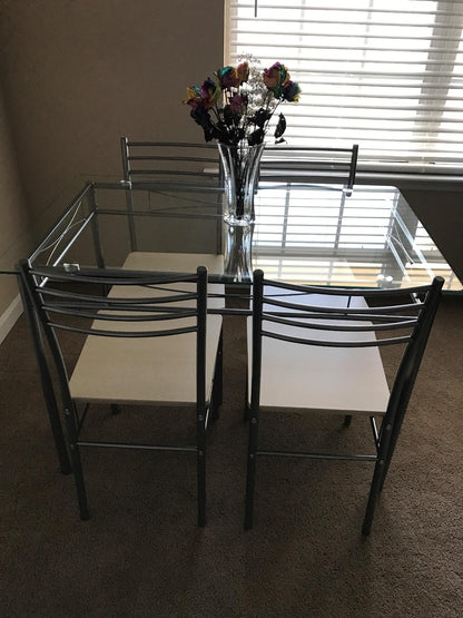 Glass top Dining Table with 4 Chairs [4 Placemats Included-] Silver X-Large