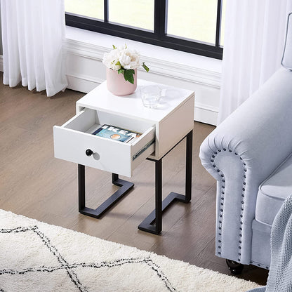 Wood End Table with Drawer, Modern Nightstand with Metal, Set of Two,White
