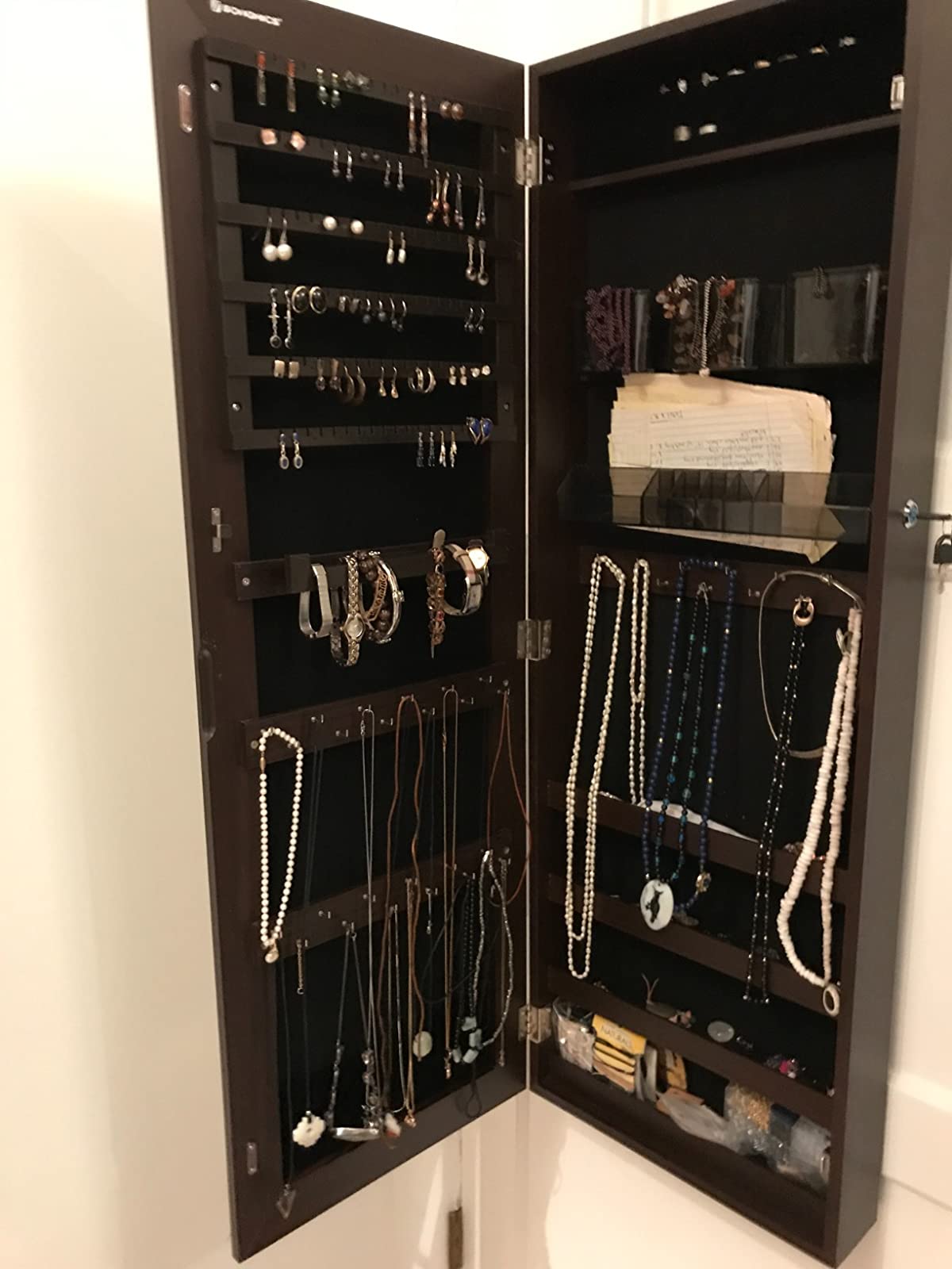 Mirror Jewelry Cabinet Armoire, Lockable Wall-Mounted Storage Organizer Unit with 2 Cosmetic Storage Trays - HWLEXTRA 