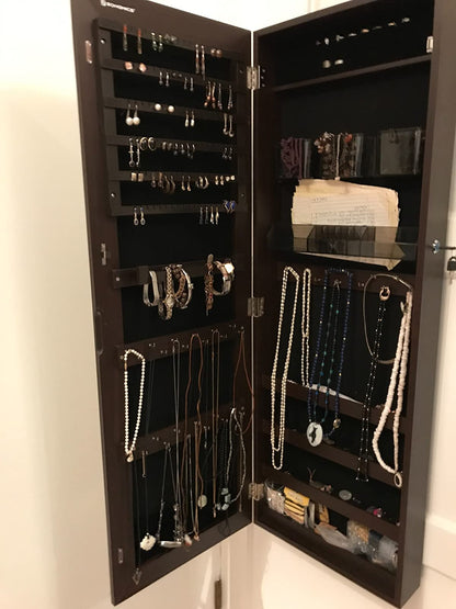 Mirror Jewelry Cabinet Armoire, Lockable Wall-Mounted Storage Organizer Unit with 2 Cosmetic Storage Trays - HWLEXTRA 