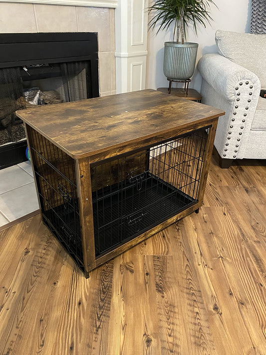 Wooden Dog Crate, Indoor Pet Crate End Table, Dog Furniture with Removable Tray - HWLEXTRA 