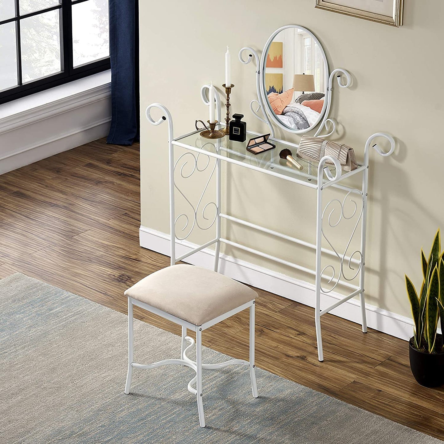 Classic Metal Set Bedroom Vanity with Glass Table Stool and Adjustable Mirror (White)
