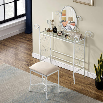 Classic Metal Set Bedroom Vanity with Glass Table Stool and Adjustable Mirror (White)
