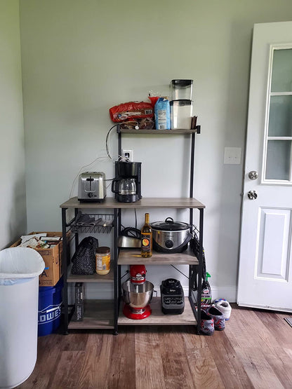 Baker’s Rack with Shelves, Kitchen Shelf with Wire Basket, 6 S-Hooks - HWLEXTRA 