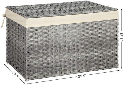Storage Box with Cotton Liner, Rattan-Style Storage Basket, Storage Trunk with Lid and Handles, 29.9 x 17.1 x 18.1 Inches