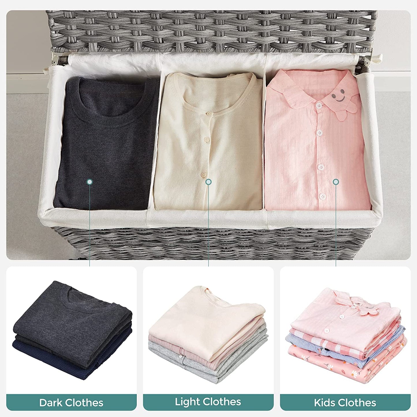 Laundry Hamper, Handwoven Laundry Basket, 140L Rattan Style with 3 Compartments, Removable Liner - HWLEXTRA 