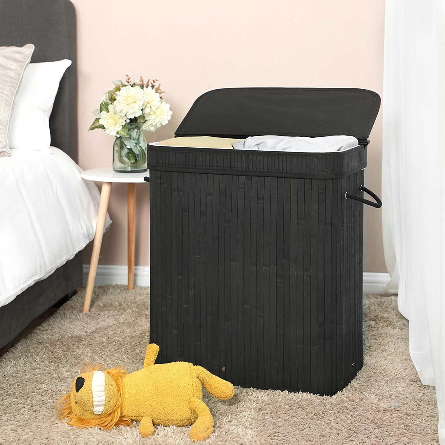 Laundry Hamper with Lid, Bamboo Laundry Basket with Handles, Foldable Storage Basket - HWLEXTRA 