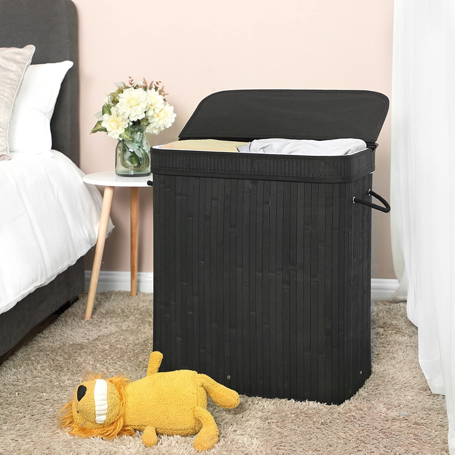 Laundry Hamper with Lid, Bamboo Laundry Basket with Handles, Foldable Storage Basket - HWLEXTRA 