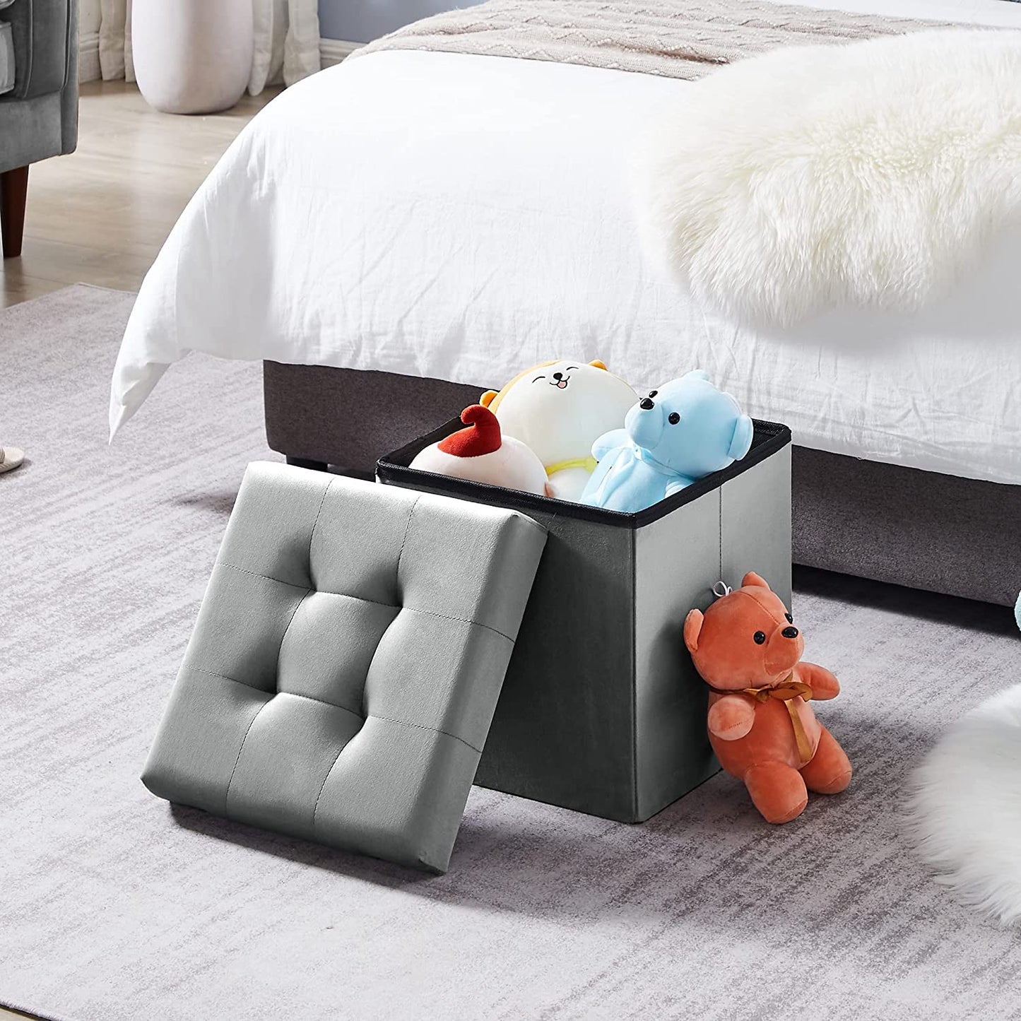 Tufted Velvet Ottoman Stool, Folding Footrest /Bed End/Padded Seat with Removable Lid