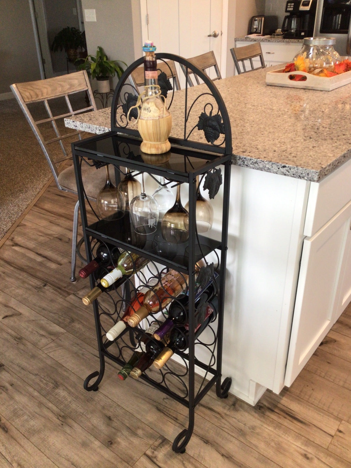 Metal Wine Rack Console Table, Holds 15, Freestanding Floor Bottles Organizer & Display Shelf