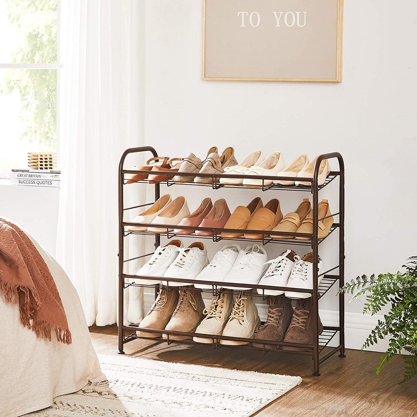 Stackable Shoe Rack, 4-Tier Shoe Rack Storage Organizer, Hold up to 16 Pairs, Steel, 27 x 10.8 x 25.6 Inches - HWLEXTRA 