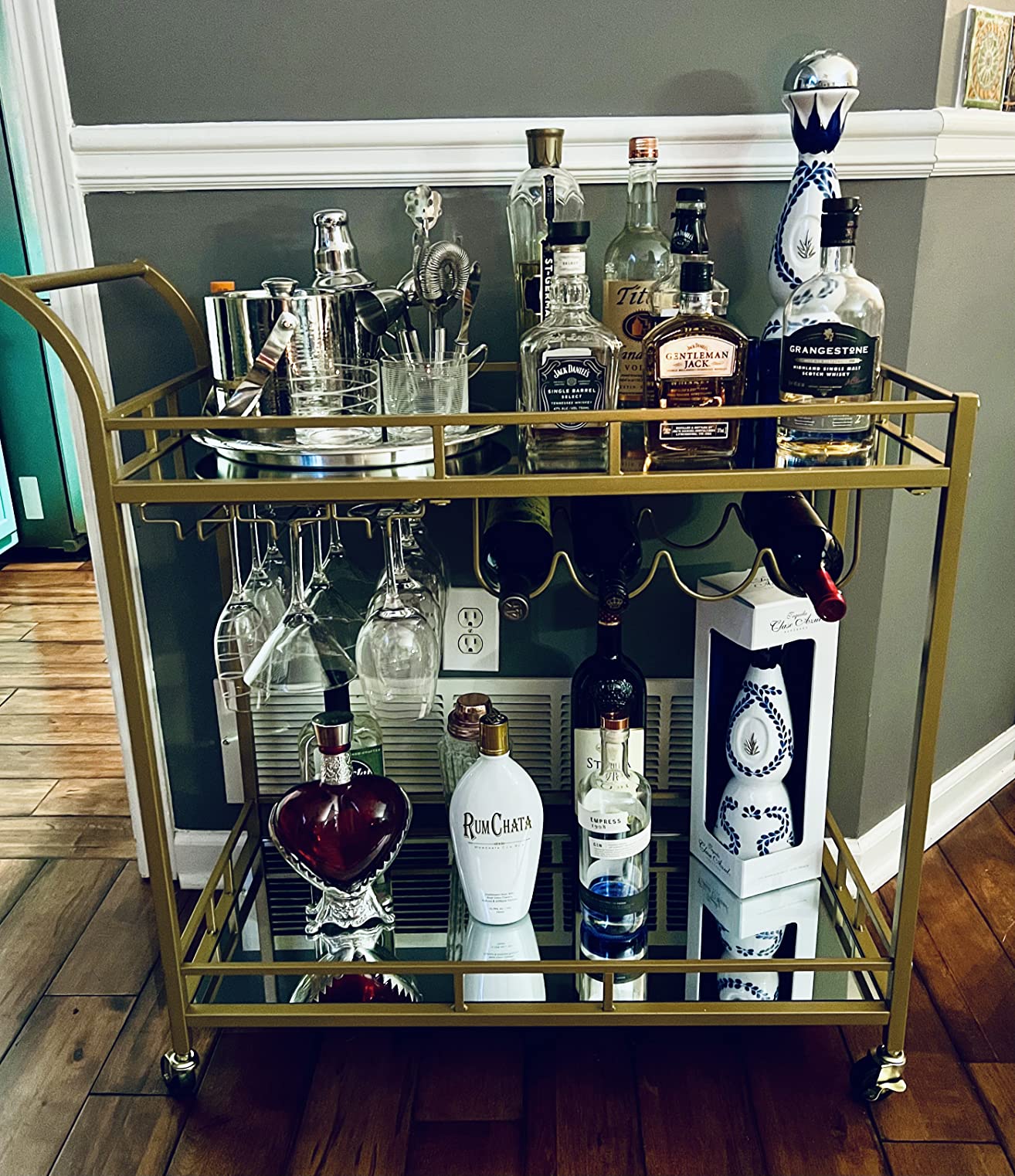 Bar Cart Gold, Home Bar Serving Cart, Wine Cart with 2 Mirrored Shelves