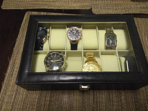 12-Slot Watch Box, Watch Holder with Glass Lid, Watch Case with Removable Watch Pillow, Watch Display, Black Synthetic Leather