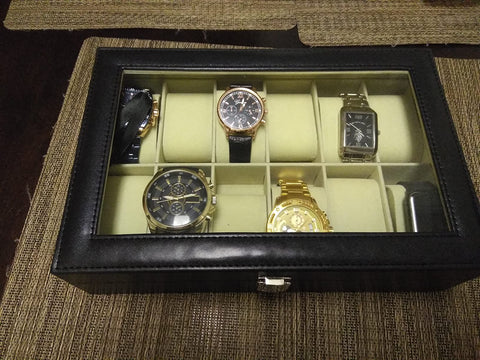 12-Slot Watch Box, Watch Holder with Glass Lid, Watch Case with Removable Watch Pillow, Watch Display, Black Synthetic Leather