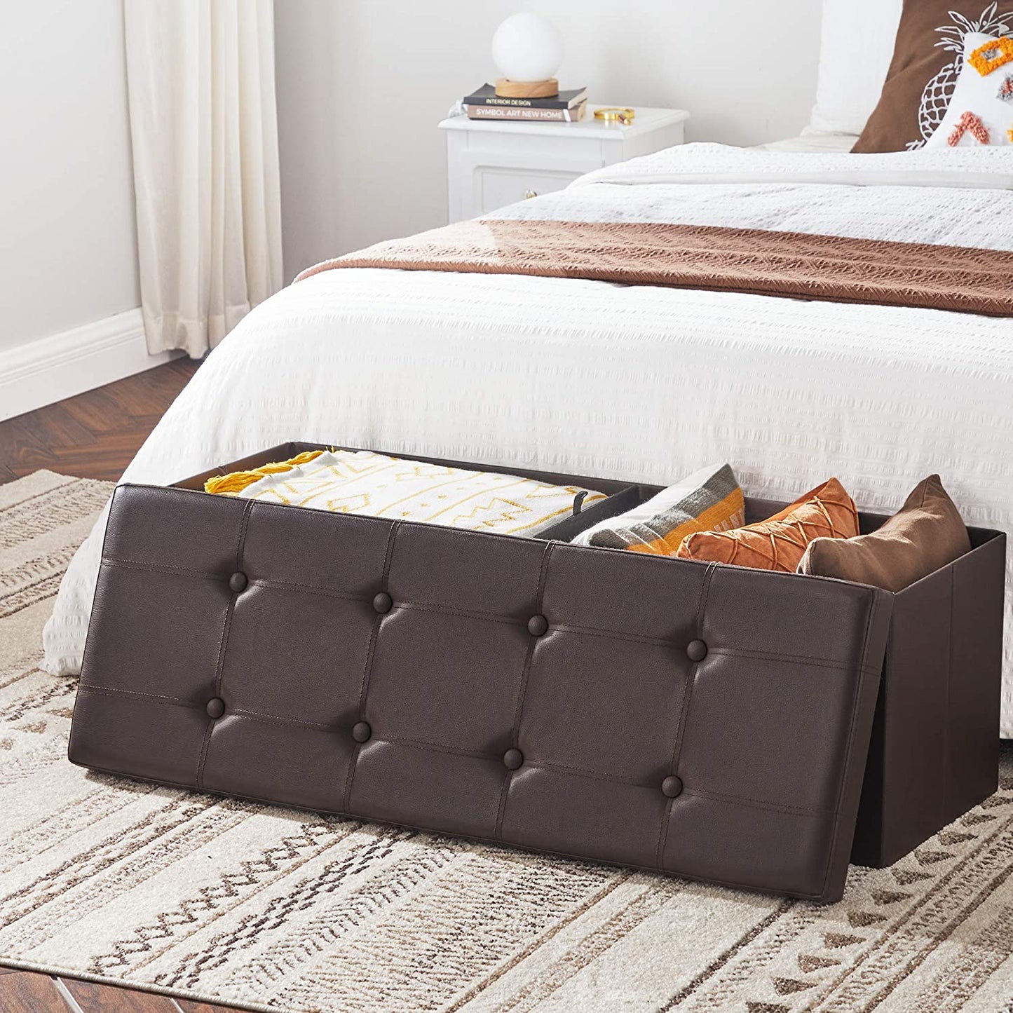 Brown Foldable Storage Ottoman Bench - HWLEXTRA