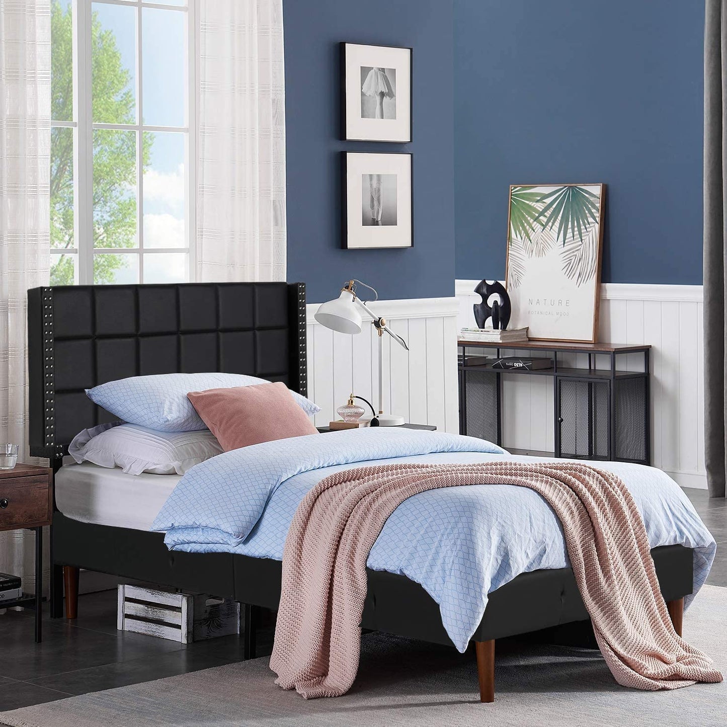 Upholstered Height Adjustable Headboard with Decorative Nailhead Trim, 49.3''
