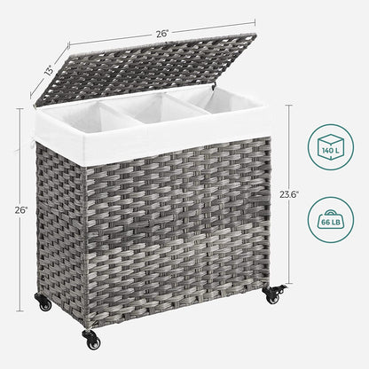Laundry Hamper, Handwoven Laundry Basket, 140L Rattan Style with 3 Compartments, Removable Liner - HWLEXTRA 