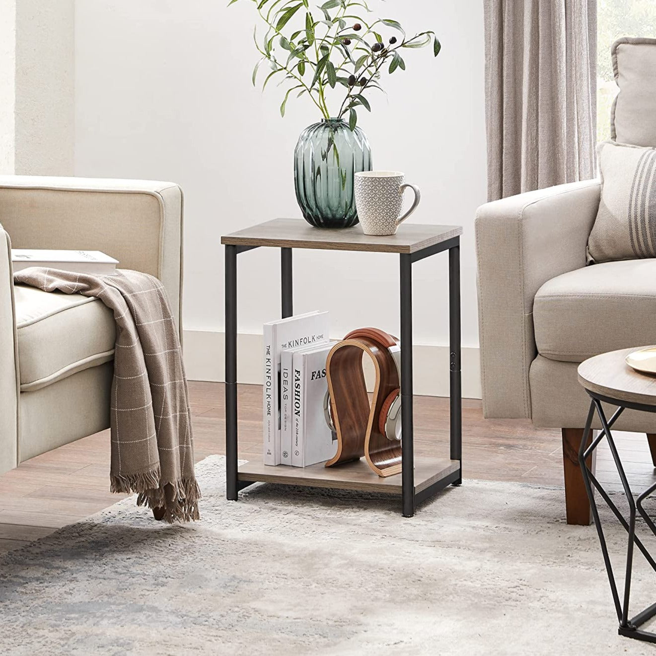 End Tables Set of 2, Side Tables with Storage Shelf, Slim Night Tables, Steel Frame