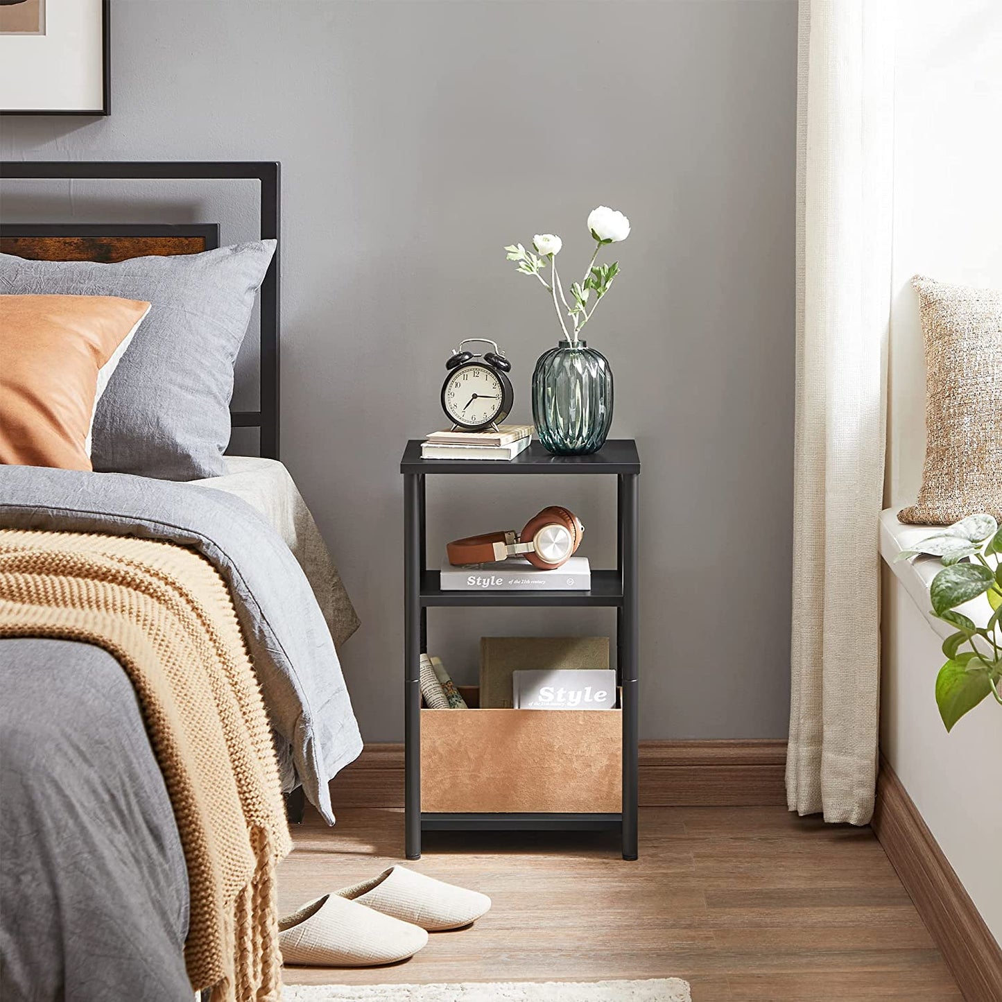 Tall Side Table, End Table with Storage Shelves, 3-Tier Slim Table, Steel Frame, Industrial Black