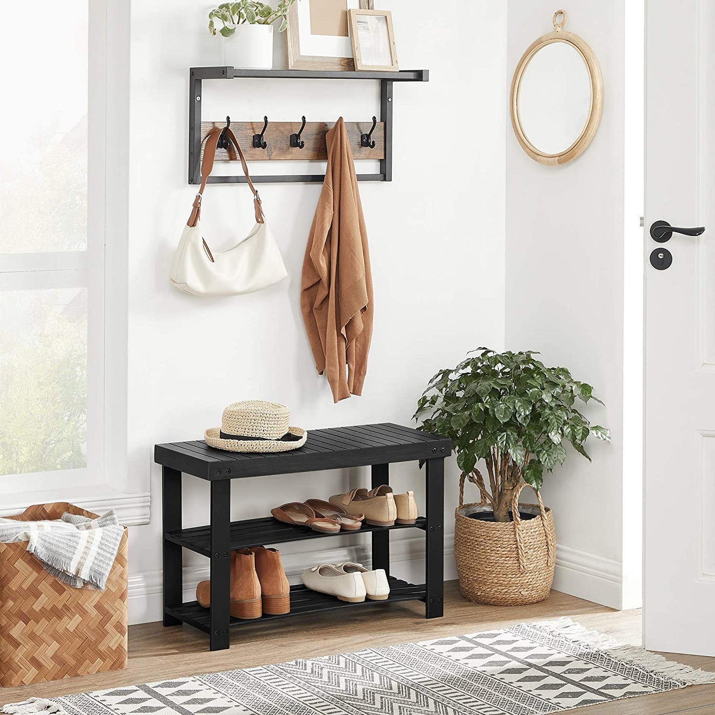 Black Shoe Rack Bench, 3-Tier Bamboo Shoe Organizer, Storage Shelf - HWLEXTRA 