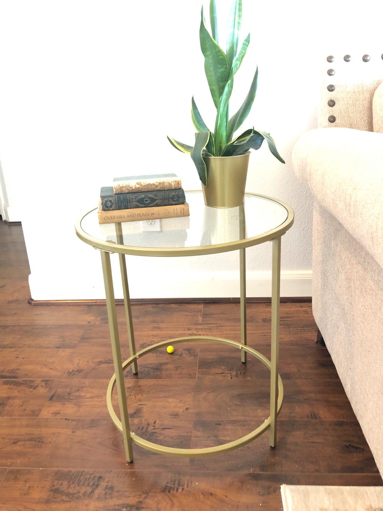 Golden Glass Round Side Table with Metal Frame - HWLEXTRA