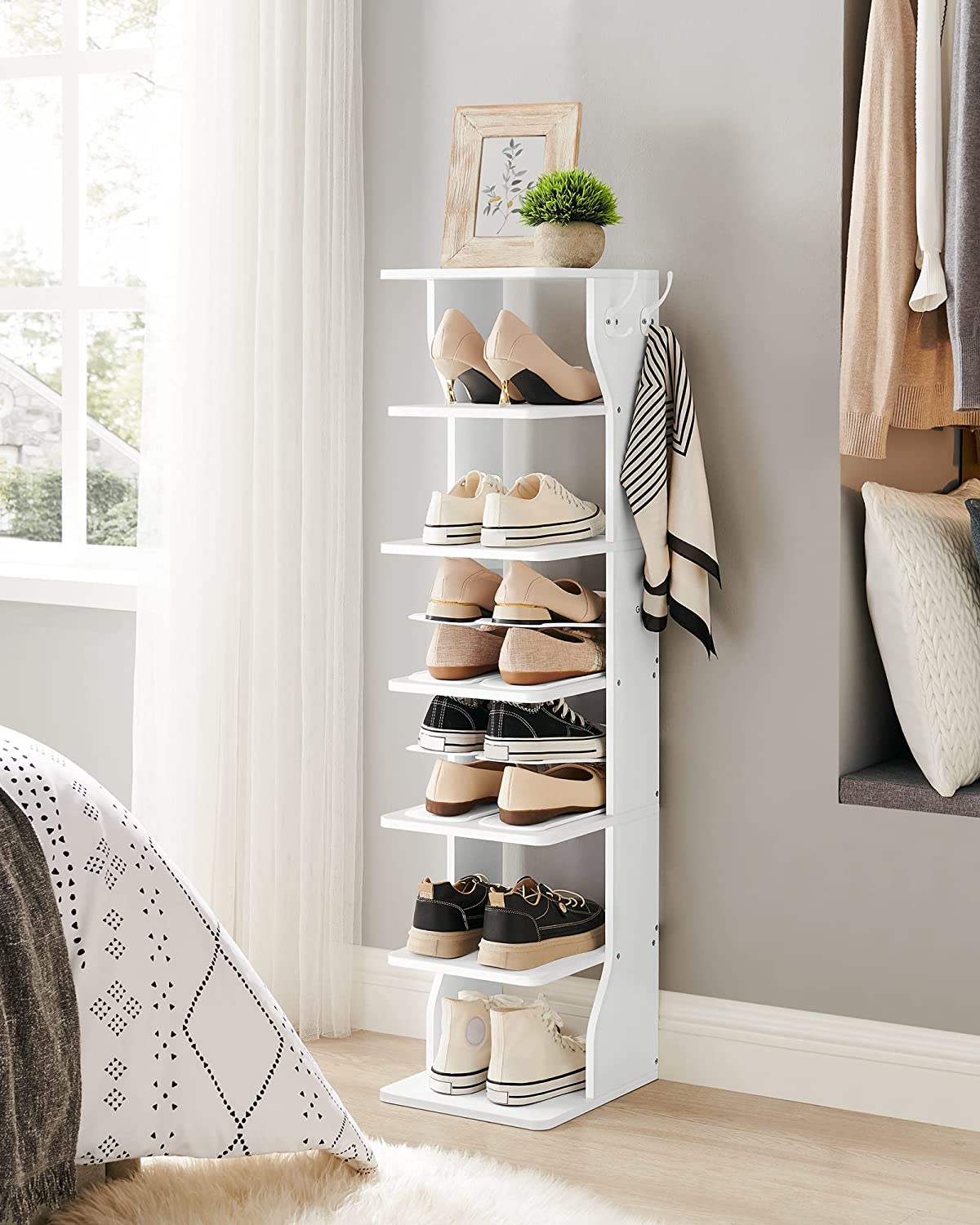 VASAGLE 7 Tier Vertical Shoe Rack, Narrow Shoe Storage Organizer with  Hooks, Slim Wooden Corner Shoe Tower Rack, Robust and Durable, Space Saving  for