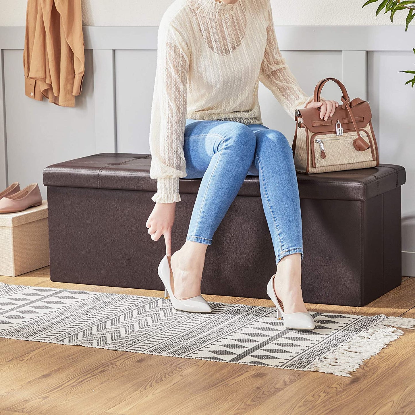 Brown Foldable Storage Ottoman Bench - HWLEXTRA
