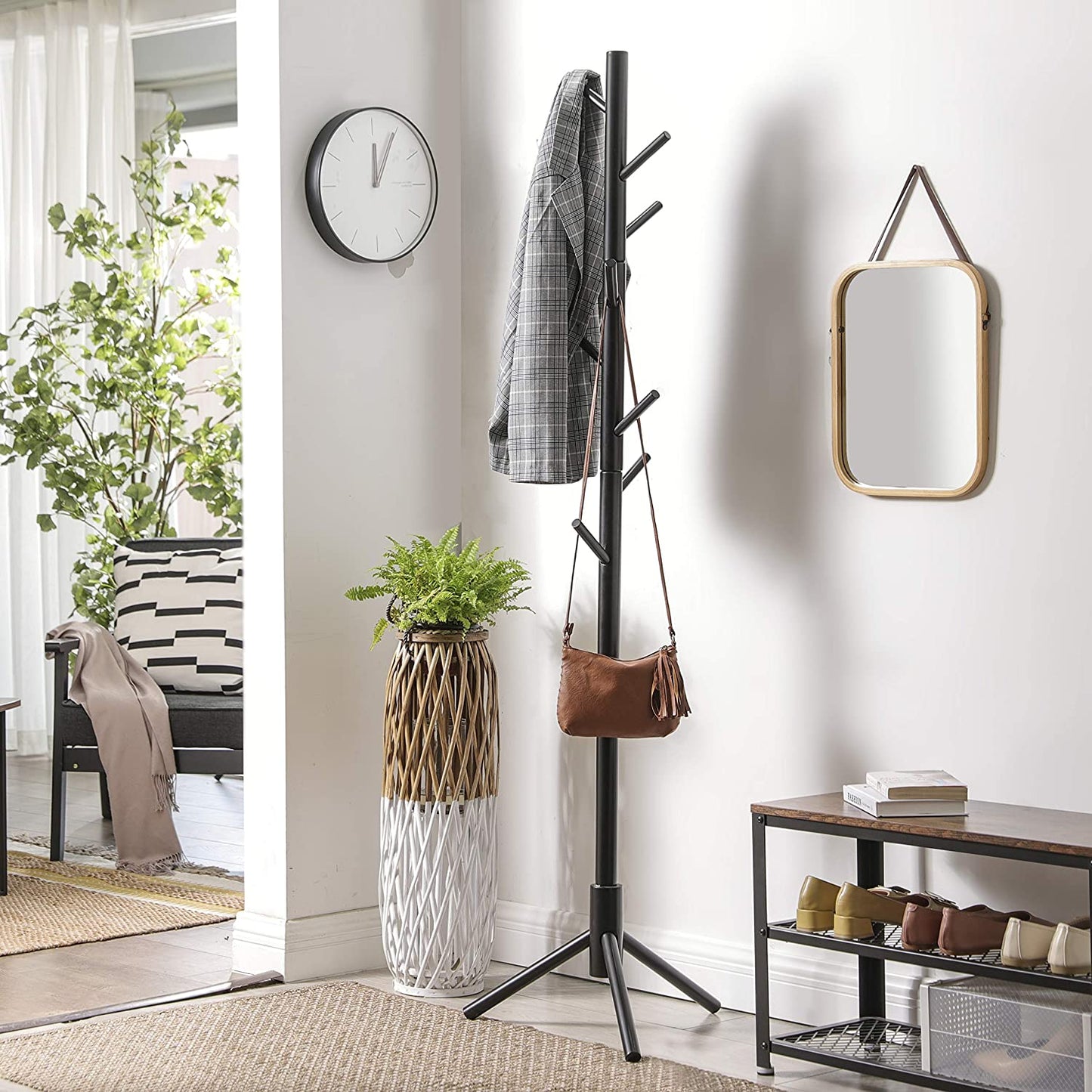 Coat Rack Freestanding, Coat Tree, Solid Wood Coat Stand with 8 Hooks for Coats, Rubberwood, Black