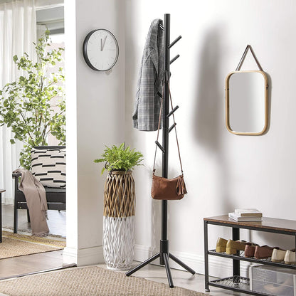 Coat Rack Freestanding, Coat Tree, Solid Wood Coat Stand with 8 Hooks for Coats, Rubberwood, Black