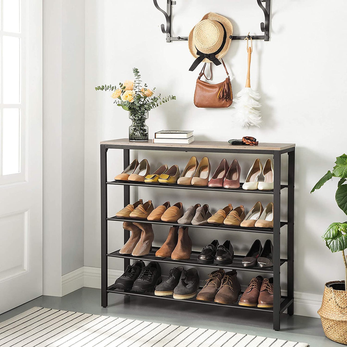 Shoe Rack, Shoe Organizer for Closet with 4 Mesh Shelves and Large Top for Bags