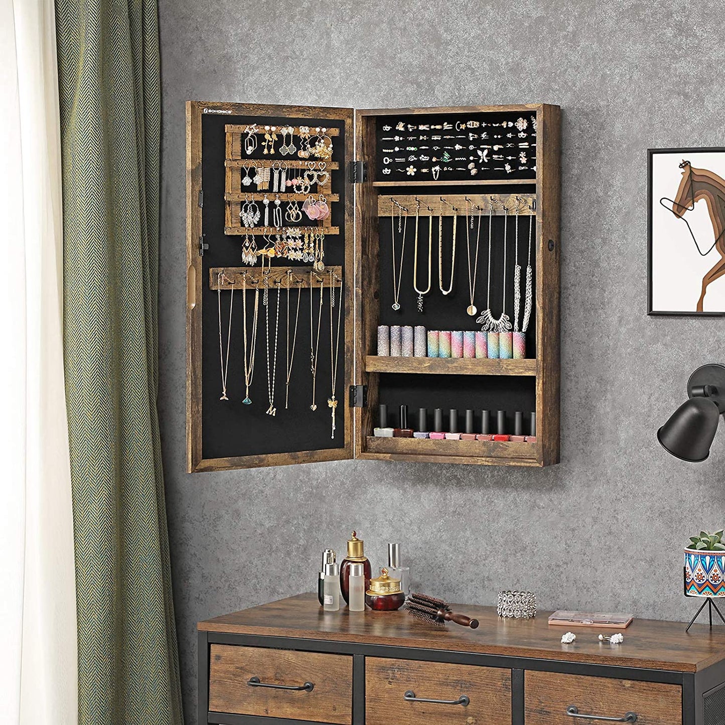Lockable Jewelry Cabinet Armoire with Mirror, Wall-Mounted Space Saving Jewelry Storage Organizer, Rustic Brown - HWLEXTRA 