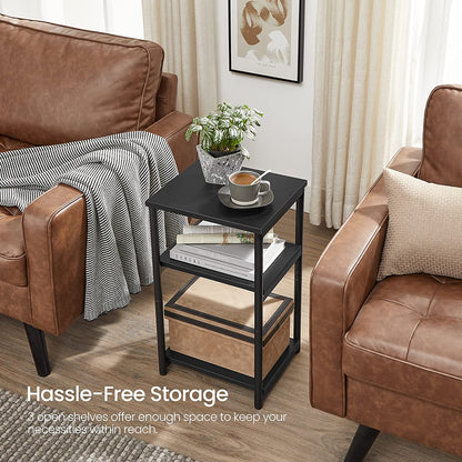 Tall Side Table, End Table with Storage Shelves, 3-Tier Slim Table, Steel Frame, Industrial Black