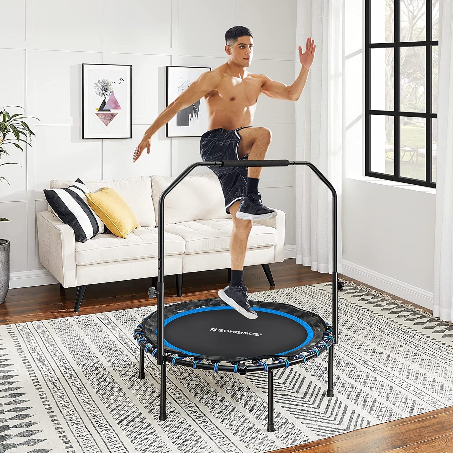 40 Inches Mini Fitness Trampoline, Fitness Rebounder with Adjustable Handrail, Foldable Trampoline - HWLEXTRA 