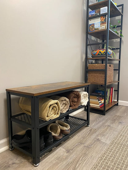 Shoe Bench, 3-Tier Shoe Rack, 39.4 Inches Long Storage Shelves - HWLEXTRA 