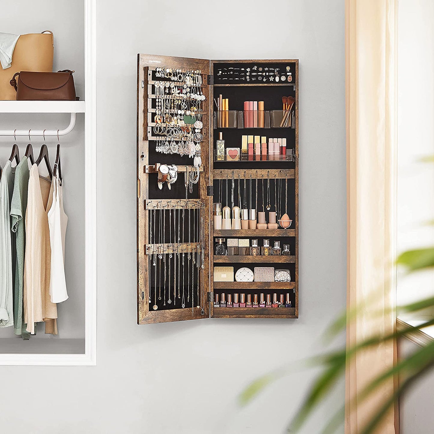 Mirror Jewelry Cabinet Armoire, Lockable Wall-Mounted Storage Organizer Unit with 2 Cosmetic Storage Trays - HWLEXTRA 