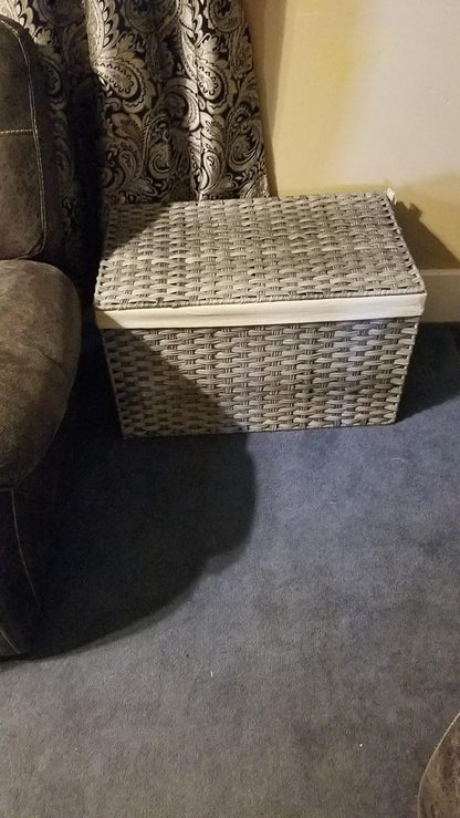 Storage Basket with Lid, Rattan-Style Storage Trunk with Cotton Liner and Handles, for Bedroom Closet Laundry Room, 21.9 x 13.4 x 13.4 Inches