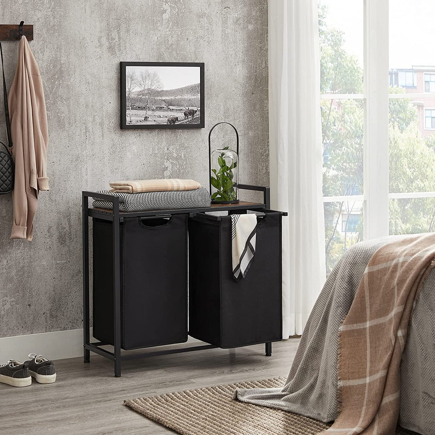 Laundry Hamper, Laundry Basket, Laundry Sorter with Top Shelf and Pull-Out Bags, Metal Frame