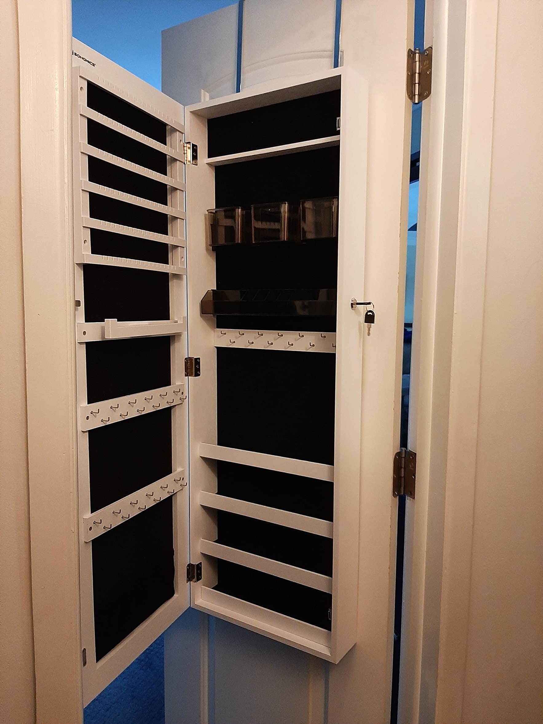 White Wall-Mounted Jewelry Armoire with Mirror - HWLEXTRA