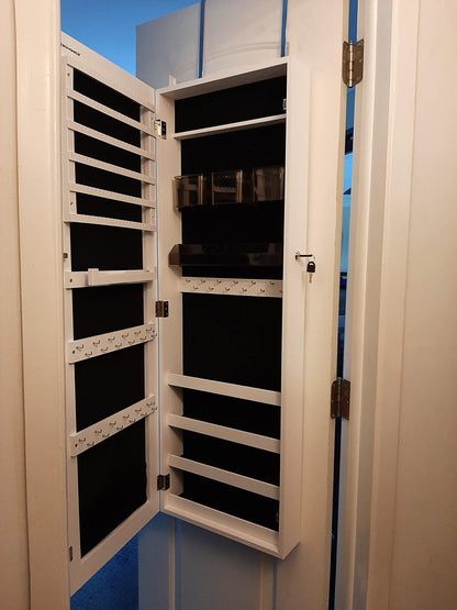 White Wall-Mounted Jewelry Armoire with Mirror - HWLEXTRA