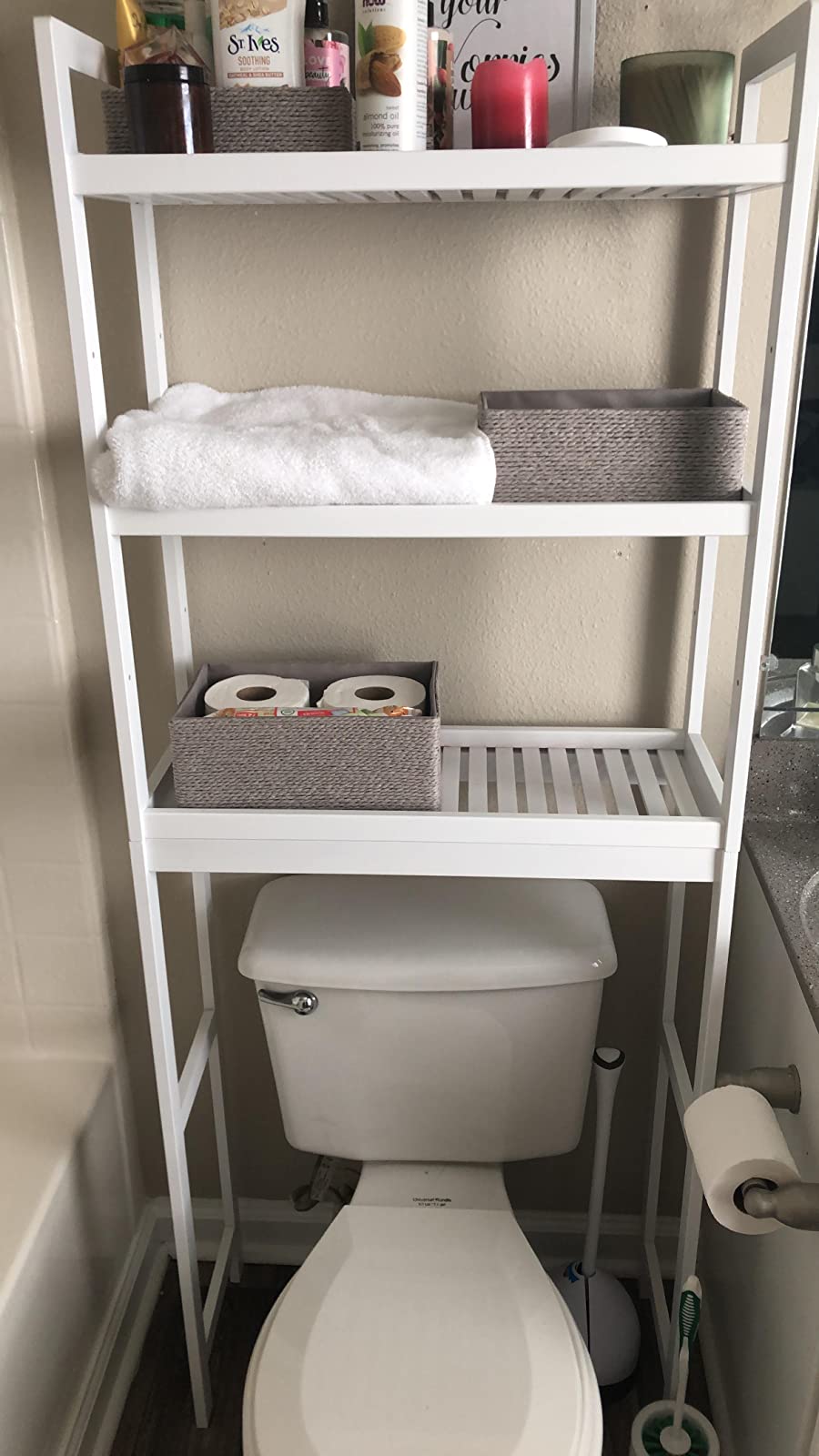 Over-the-Toilet Storage, 3-Tier Bamboo Bathroom Organizer with Adjustable Shelves, Multifunctional Toilet Rack - HWLEXTRA 