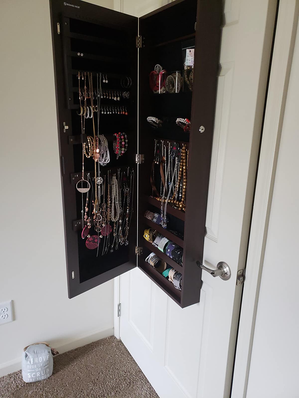 Mirror Jewelry Cabinet Armoire, Lockable Wall-Mounted Storage Organizer Unit with 2 Cosmetic Storage Trays - HWLEXTRA 
