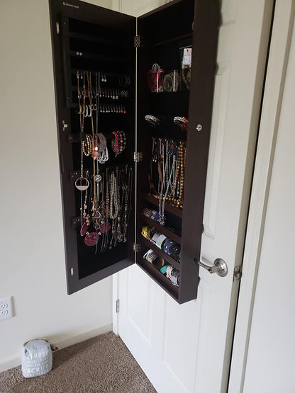 Mirror Jewelry Cabinet Armoire, Lockable Wall-Mounted Storage Organizer Unit with 2 Cosmetic Storage Trays - HWLEXTRA 