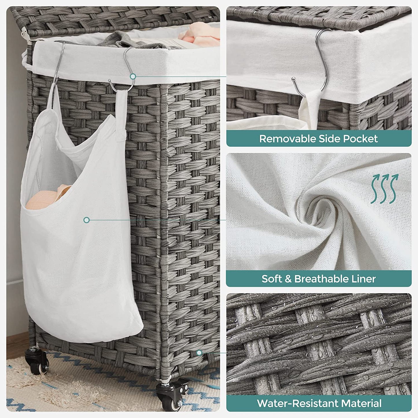 Laundry Hamper, Handwoven Laundry Basket, 140L Rattan Style with 3 Compartments, Removable Liner - HWLEXTRA 