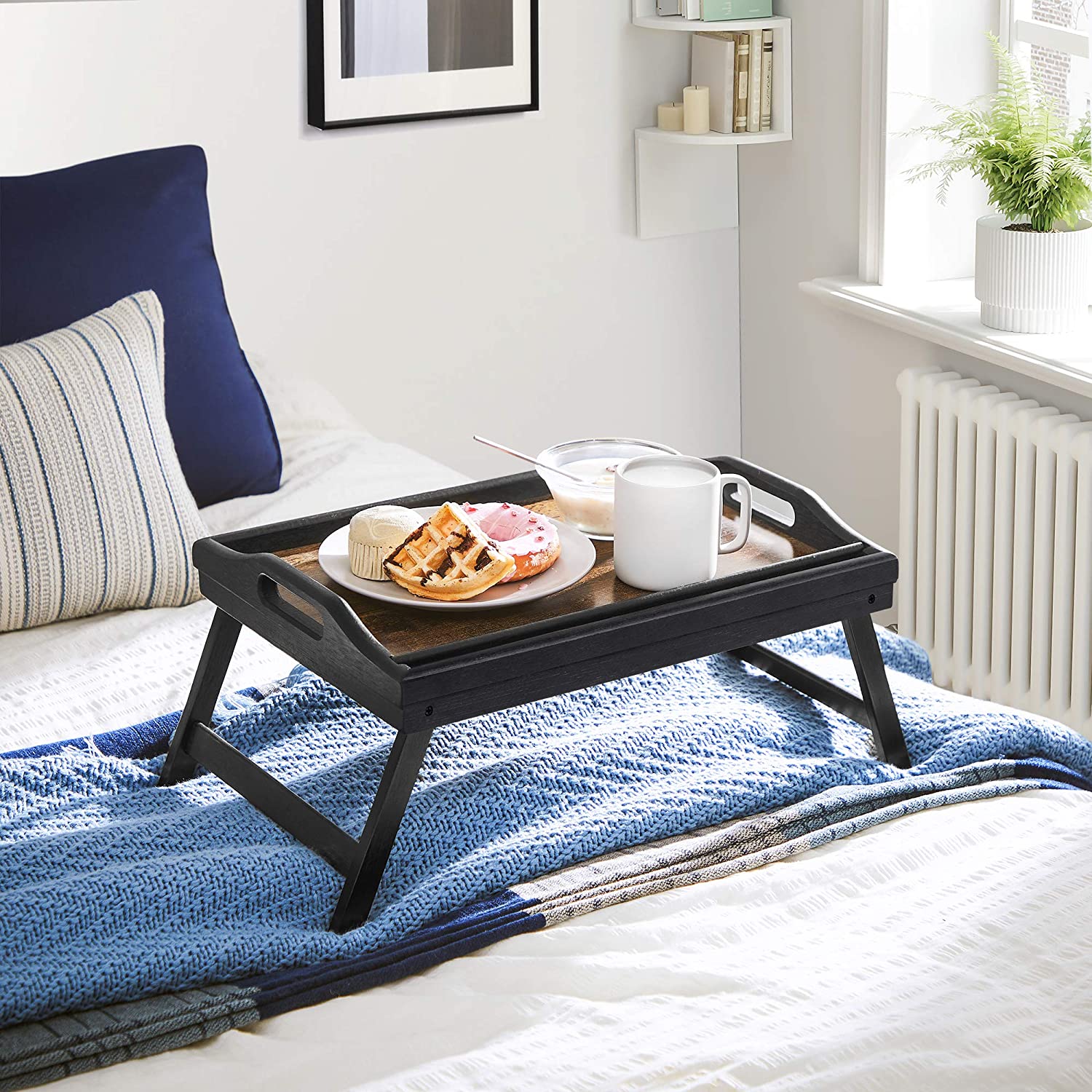 Bed Tray Table with Bamboo Folding Legs, Sofa Breakfast Tray, Serving Tray with Groove