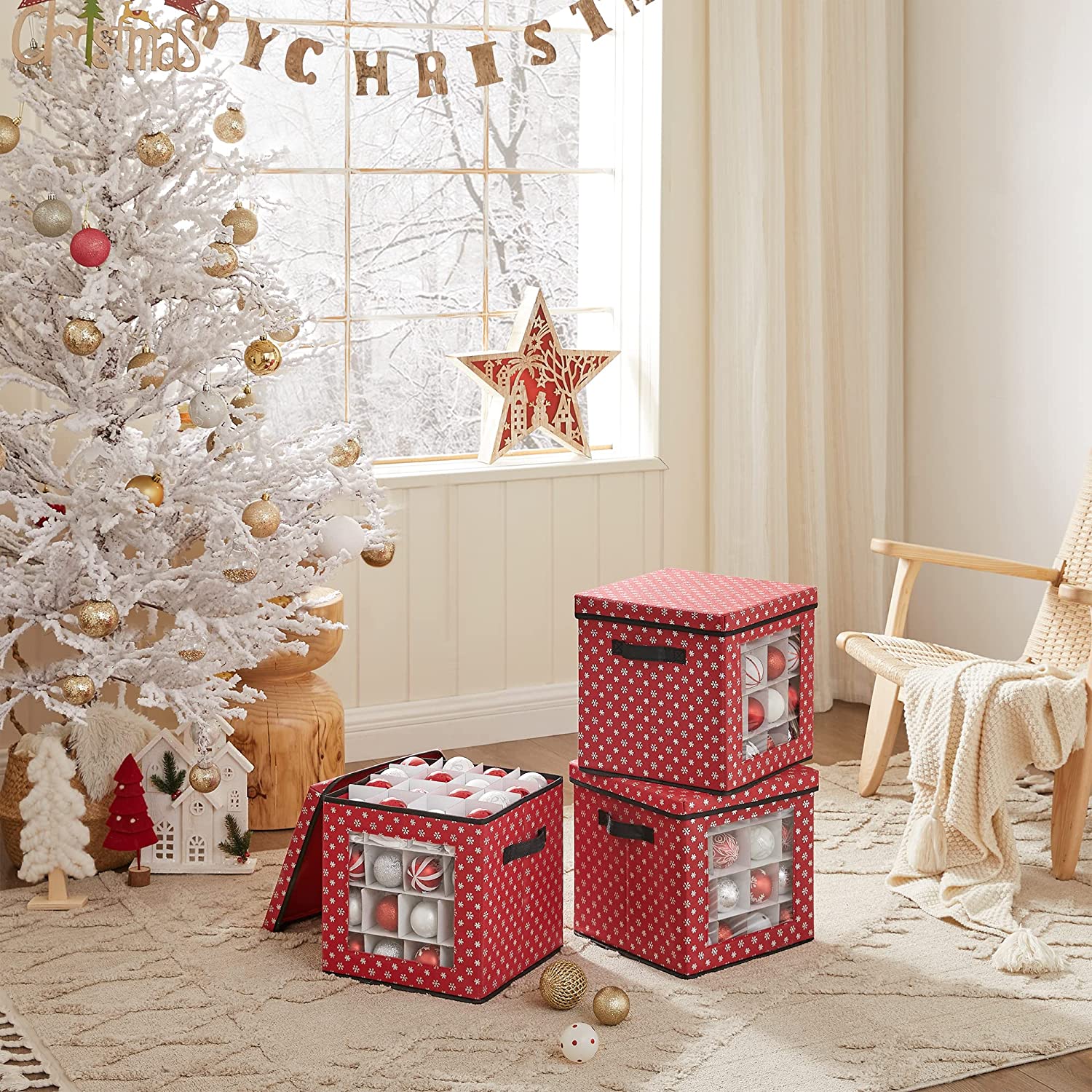 Christmas Ornament Storage, Holds 192 Holiday Ornaments, with Lid, Adjustable Dividers, 2 Handles