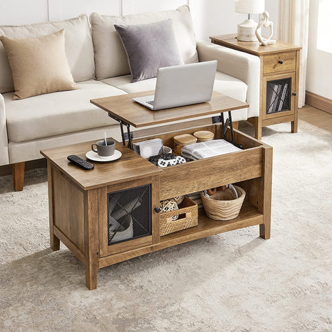 Lift Top Coffee Table with Storage, Center Table with Hidden Compartment, Cupboard, and Open Shelf