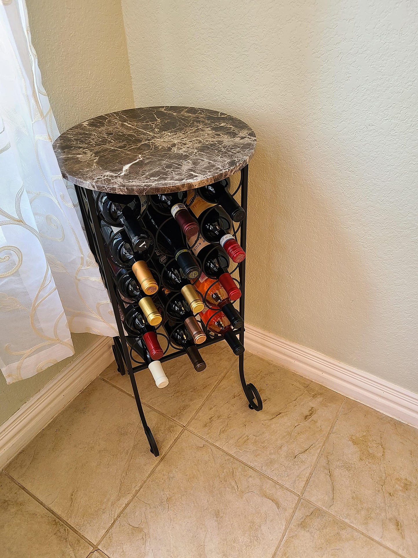 Metal Wine Rack Console Table, Holds 15, Freestanding Floor Bottles Organizer & Display Shelf