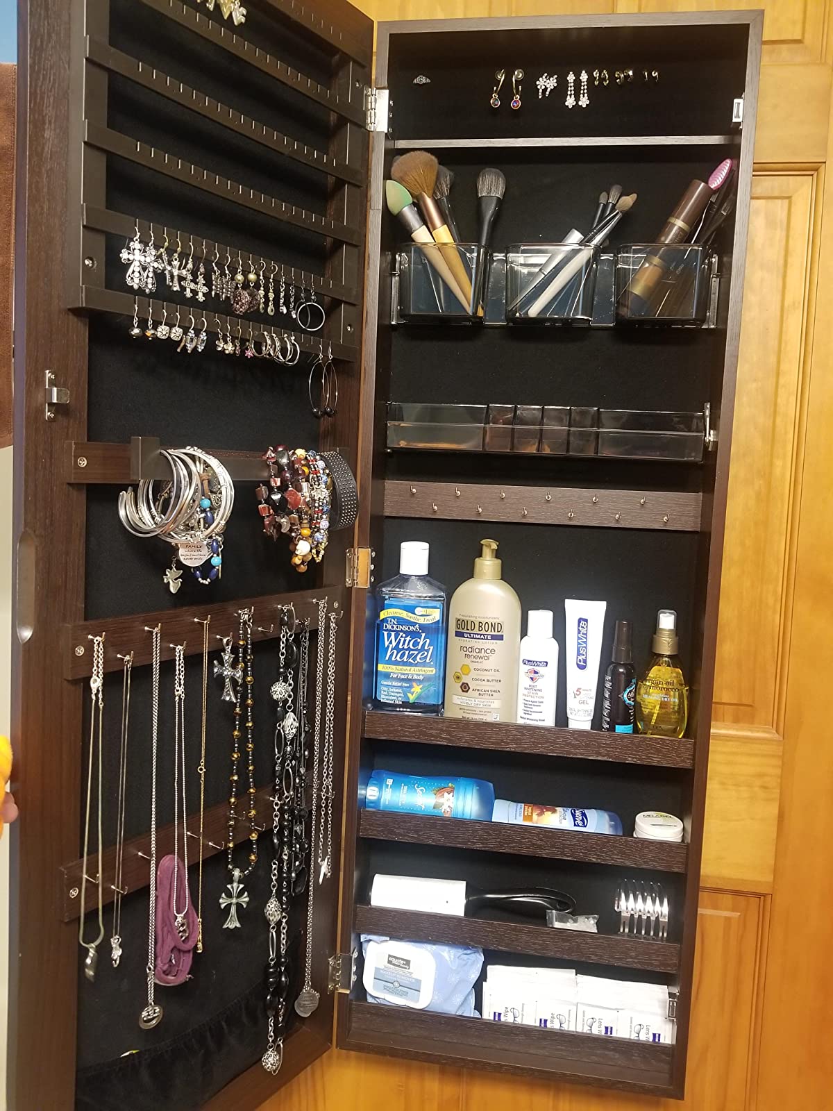 Mirror Jewelry Cabinet Armoire, Lockable Wall-Mounted Storage Organizer Unit with 2 Cosmetic Storage Trays - HWLEXTRA 