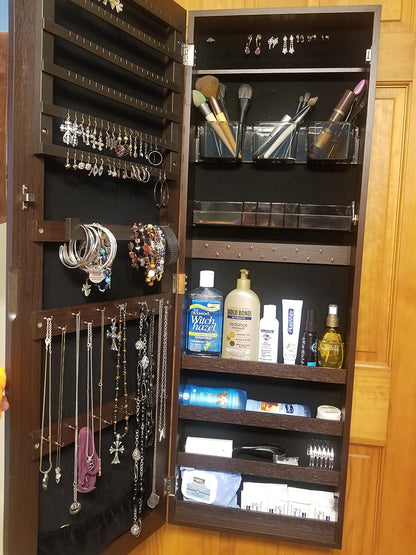 Mirror Jewelry Cabinet Armoire, Lockable Wall-Mounted Storage Organizer Unit with 2 Cosmetic Storage Trays - HWLEXTRA 